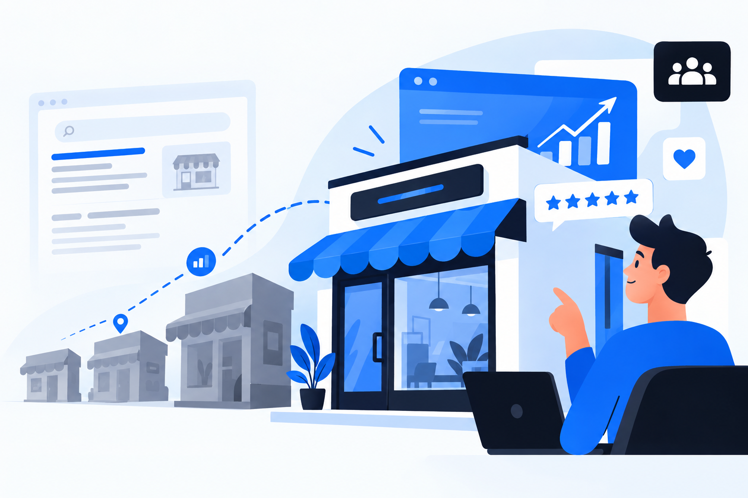 Ilustração de uma empresa construindo presença digital e crescimento